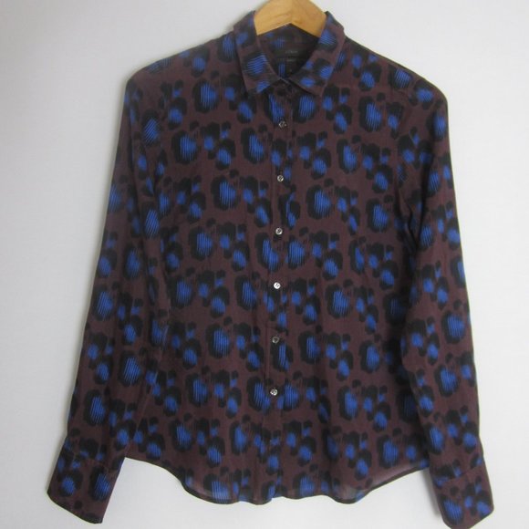 J. Crew Perfect Shirt Womens 10 Blue Brown Animal Print LS Silk Cotton Blouse - Picture 1 of 9